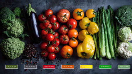 A stunning arrangement of fresh organic vegetables on a dark surface, perfect for promoting healthy cooking and vibrant meal preparations. Enjoy the colors and variety!の素材