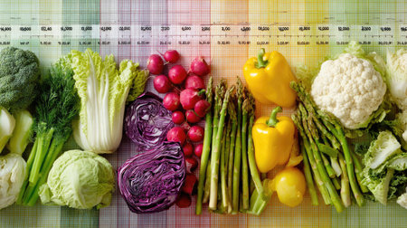 A vibrant arrangement of fresh vegetables such as broccoli, cabbage, and radish, displayed on a colorful patterned background, ideal for health and food-related themes.の素材