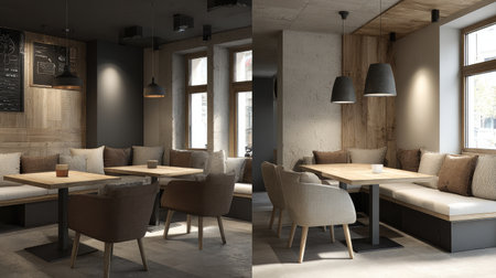 This image showcases a cozy cafe interior featuring plush seating and warm wooden elements, creating an inviting atmosphere for relaxation and social gatherings.の素材