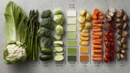 A visually appealing arrangement of fresh vegetables on a gray surface, accompanied by a color palette to showcase vibrant hues. Ideal for health and nutrition themes.の素材