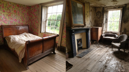 A compelling view of an abandoned bedroom featuring vintage furniture and peeling floral wallpaper, capturing a sense of nostalgia and decay.の素材