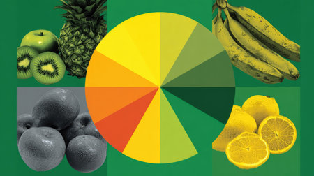 A vibrant and colorful arrangement of fruits including pineapple, kiwi, banana, and citrus, set against a green backdrop with a circular color palette design.の素材