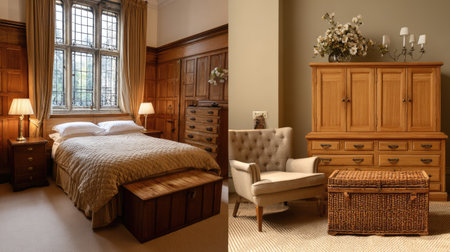 Discover a blend of classic and contemporary furniture in this elegant bedroom and living room setting, showcasing warm wood tones and inviting decor elements.の素材