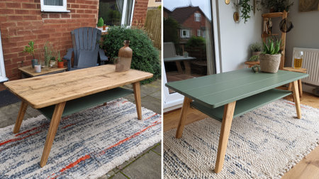 Explore the unique designs of two wooden coffee tables showcasing different styles and colors, emphasizing their aesthetic appeal and suitability for various interiors.の素材