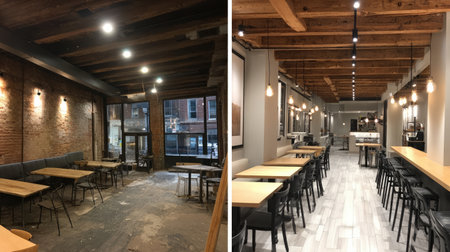 Experience the transformation of a modern restaurant interior featuring wooden beams, stylish lighting, and an inviting dining space designed for a cozy yet contemporary atmosphere.の素材