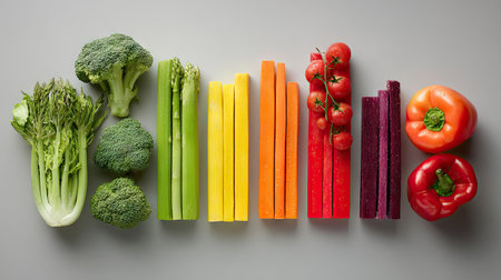 This image showcases a vibrant array of fresh vegetables neatly arranged on a gray surface, highlighting their colors and textures. Ideal for health and culinary themes.の素材