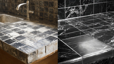 A striking comparison of two kitchen countertop styles highlighting different finishes and textures. Explore the visual appeal of modern and vintage designs.の素材