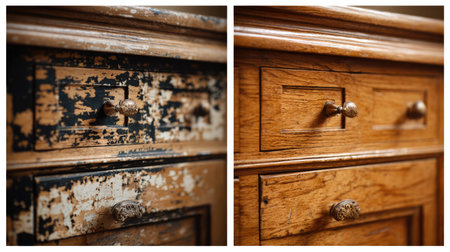 Detailed close-up view of a vintage wooden dresser showcasing the before and after of a restoration project. Captures the beauty of aged wood and craftsmanship.の素材
