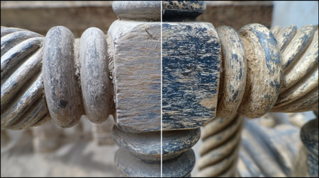 This close-up image showcases a weathered wooden spindle, highlighting unique textures and patterns. The intricate details reveal the beauty of natural wear and craftsmanship.の素材