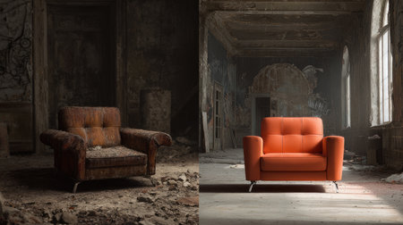 This image depicts a striking contrast between a vintage couch and a modern sofa, showcasing the evolution of furniture design in a unique setting.の素材