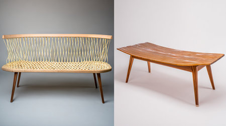 Explore the beauty of modern wooden furniture with this stylish bench and coffee table, showcasing unique design elements and natural wood textures for any home decor.の素材