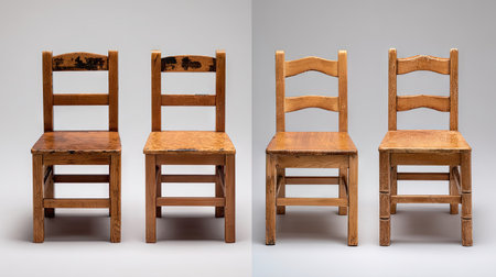 A pair of rustic wooden chairs displayed against a gray background, showcasing craftsmanship and simplicity. Ideal for interior design inspirations and rustic decor.の素材