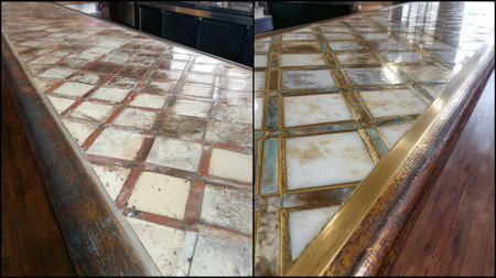 This image showcases a vintage tile bar surface, highlighting the transformation during restoration. The left side shows dirt and wear, while the right side reveals a vibrant, polished finish.の素材