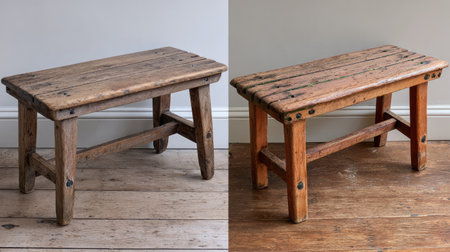 A vintage wooden bench showcasing rustic charm with a distressed finish. This unique piece adds character and warmth to any interior space or home decor.の素材