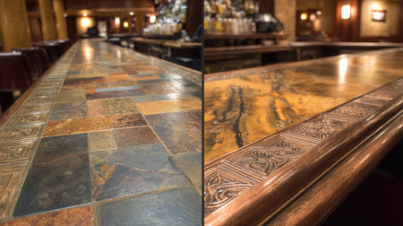 Explore the intricate textures and colors of a rustic bar counter, showcasing a blend of materials and craftsmanship in a warm and inviting setting.の素材