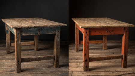 A rustic wooden table showcasing distressed finishes in two vibrant colors. Perfect for home decor, this piece combines charm with versatile style ideal for various settings.の素材