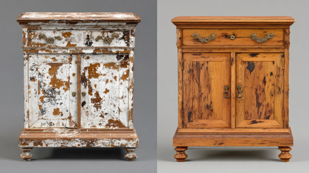 Explore two unique vintage wooden cabinets showcasing distressed finishes, perfect for adding character to any home. Ideal for decoration or storage.の素材
