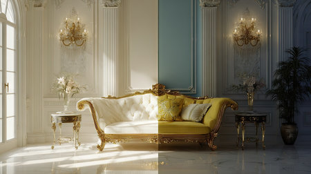 A stunning living room featuring a luxurious sofa, elaborate chandeliers, and exquisite decor. The soft lighting creates a serene atmosphere for both day and night settings.の素材