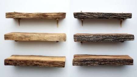 This image showcases rustic wooden shelves mounted on a white wall, ideal for home decor. The natural wood grain adds warmth and character to any interior space.の素材