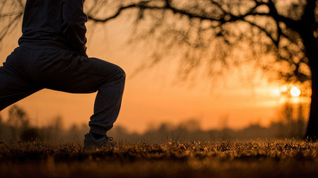 A person practicing yoga in a serene outdoor setting at sunrise, showcasing warm colors and a tranquil atmosphere, promoting wellness and mindfulness.の素材