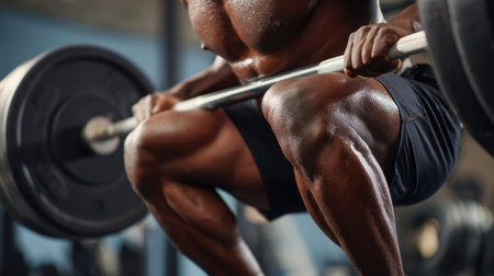 A dedicated athlete performs a squat with a barbell in a gym, showcasing intense focus and muscular strength. The environment is vibrant and motivating.の素材