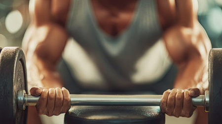 A close-up image of a muscular man intensely lifting a barbell in a gym setting, highlighting dedication to fitness and strength training.の素材