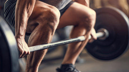 A focused male athlete performing a barbell lift in a gym setting. The image highlights muscular detail and conveys determination, effort, and strength training.の素材
