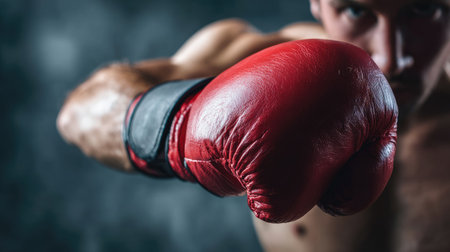 A dynamic close-up shot of a male boxer delivering a powerful punch with a striking red glove. The image captures the intensity and focus during training.の素材