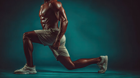 A strong man demonstrates a lunge workout in athletic shorts and sneakers. This image captures the essence of fitness training and physical strength against a striking dark teal background.の素材