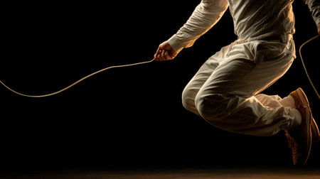 A dynamic representation of an athlete in white clothing performing a jump rope exercise, showcasing agility and focus. The dark background enhances the action and energy of this fitness moment.の素材