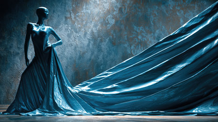 A stunning blue satin gown drapes elegantly on a mannequin, set against an artistic background. The dramatic lighting enhances the beauty of the fabric and design.の素材