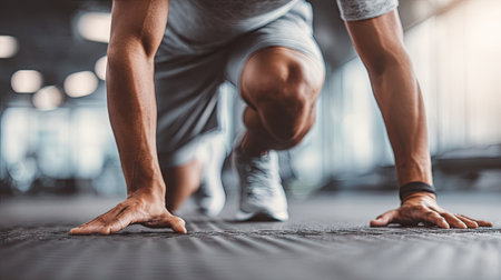 A dedicated athlete prepares for a sprint on the gym floor, showcasing intense focus and determination in a modern fitness environment.の素材