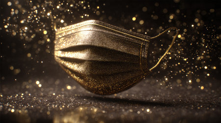 A dazzling golden face mask surrounded by sparkling glitter elements and a soft bokeh background, perfect for festive or stylish themes in imagery.の素材