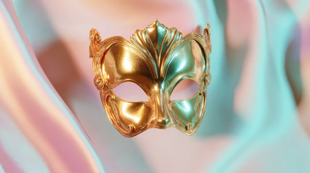 A stunning golden mask floats against a soft, colorful silk background, embodying elegance and festivity, perfect for carnival or celebration themes.の素材
