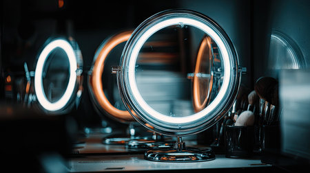 A captivating display of illuminated vanity mirrors showcasing bright and warm lighting effects in a modern makeup studio. Perfect for beauty and decor themes.の素材