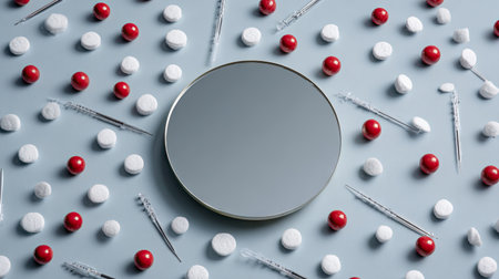 This visually striking image features a round mirror surrounded by colorful pills and syringes on a light blue background, blending health and aesthetics.の素材