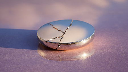 This elegantly designed silver compact mirror features a unique crack detail that adds artistic flair. The reflective surface enhances its stylish charm against a soft blurred background.の素材