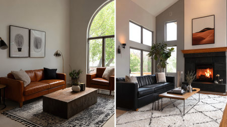 Explore modern living room designs featuring cozy decor, stylish furniture, and harmonious lighting. Inviting spaces filled with comfort and aesthetic charm.の素材