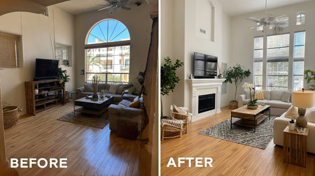 Explore a stunning transformation of a living room before and after renovation showcasing modern decor, bright aesthetic, and inviting atmosphere.の素材