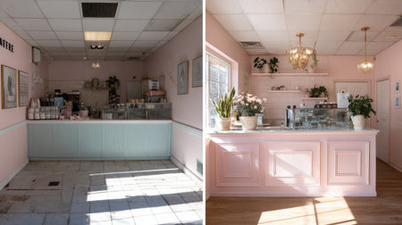 A delightful coffee shop interior featuring soft pink walls and elegant decor. The inviting space includes natural light, plants, and a cozy atmosphere for relaxation.の素材