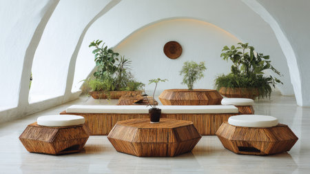 This image showcases a modern minimalist interior featuring unique wooden furniture and lush plants, creating a serene and inviting atmosphere. Perfect for home decor inspiration.の素材