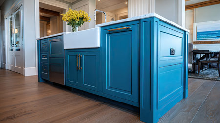 A bright modern kitchen featuring stunning blue cabinetry, a farmhouse sink, and natural light. Perfect blend of aesthetics and functionality in interior design.の素材