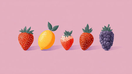 Delightful illustration of fresh fruits including strawberries, lemon, and blackberry on a pink background. Perfect for adding vibrant decor to any modern space.の素材