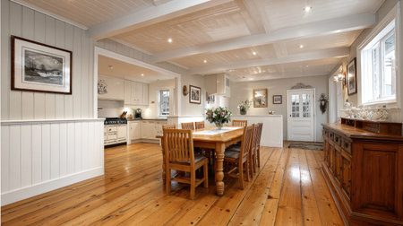 Spacious dining area featuring a wooden table surrounded by cozy chairs, bright lighting, and modern decor elements, creating an inviting atmosphere.の素材