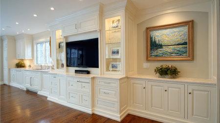 A beautifully designed living room featuring elegant white cabinets, a flat-screen television, and a vibrant piece of artwork on the wall, creating a cozy and inviting ambiance.の素材