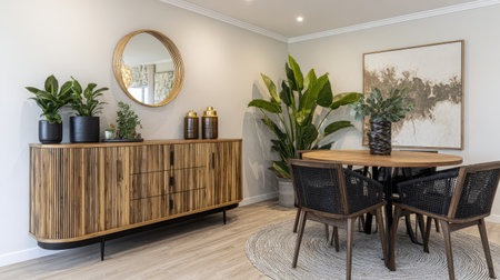 A beautifully arranged dining room featuring modern decor elements, a round table, stylish chairs, and lush plants that enhance the warm and inviting atmosphere.の素材