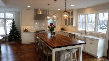 A bright and modern kitchen featuring a stunning wooden island, stylish barstools, and festive decor, creating a warm atmosphere for gatherings and culinary adventures.の素材
