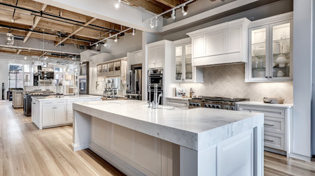 This modern kitchen features an elegant design with bright lighting, a spacious island, and stylish cabinetry, perfect for cooking and entertaining.の素材