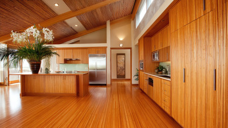 Bright and airy kitchen showcasing modern design elements with bamboo accents, spacious wooden cabinetry, and a vibrant arrangement of plants for a welcoming atmosphere.の素材