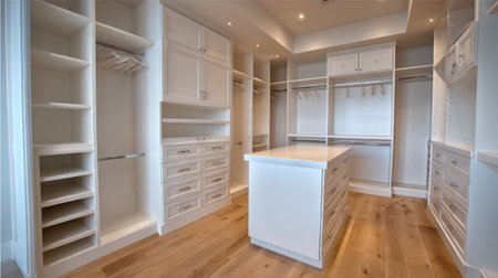 Bright and airy walk-in closet featuring modern cabinetry and ample storage for a stylish home interior. Perfect for organization and efficiency.の素材